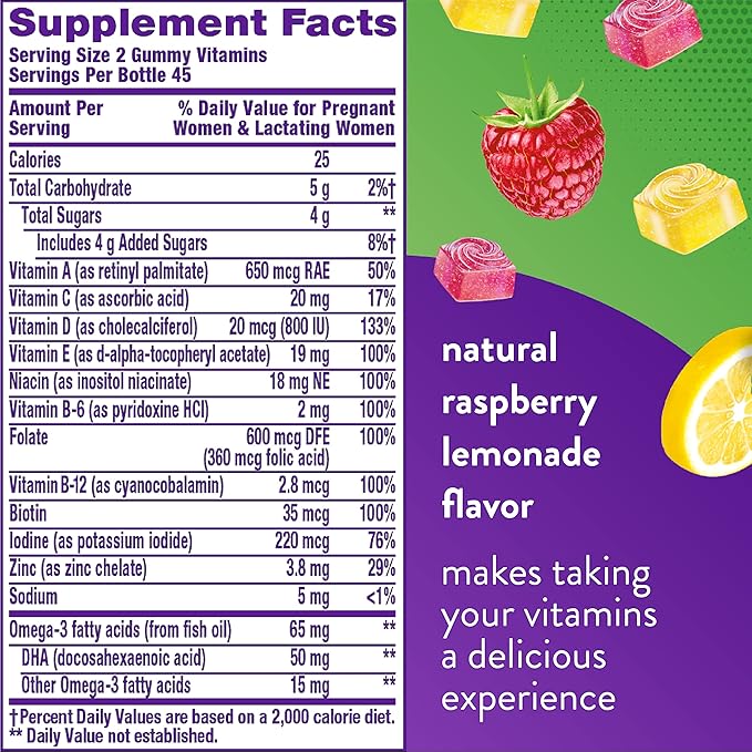 Vitafusion PreNatal Gummy Vitamins Raspberry Lemonade Flavored Pregnancy Vitamins for Women &amp Extra Strength Vitamin B12 Gummy Vitamins for Energy Metabolism Support