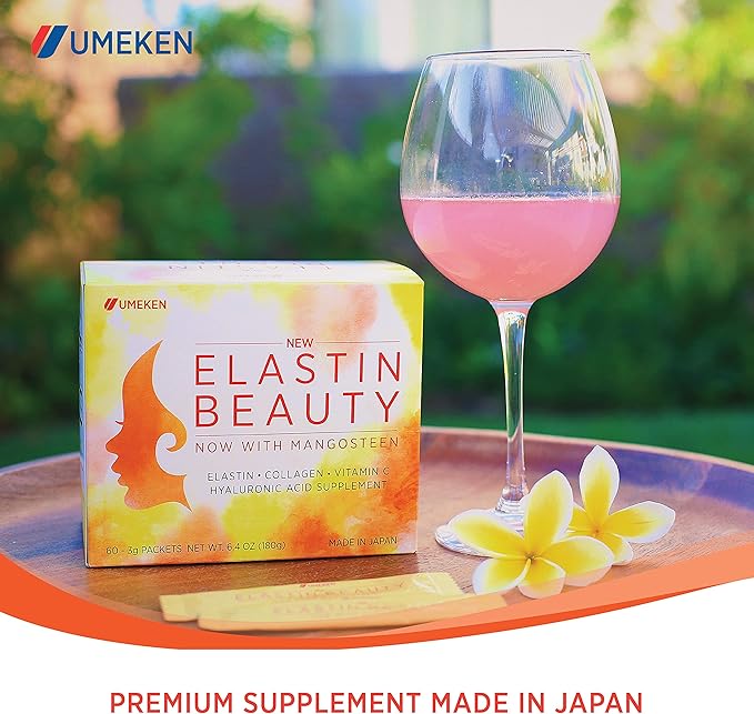 Umeken Elastin Beauty Powder Supplement with Collagen Peptides Hyaluronic Acid Vitamin C and Mangosteen Fruit Women’s Health and Wellness 1 Month Supply 60 Packets