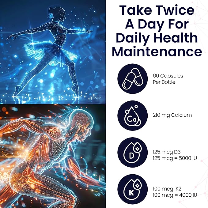 Vitamin D3 K2 Capsules - 2-in-1 Vitamin K2 MK7 100 mcg + VIT D3 5000 IU (125 mcg) Dietary Supplement for Supporting Bone Teeth Muscle and Immune Health Support* 60 Count