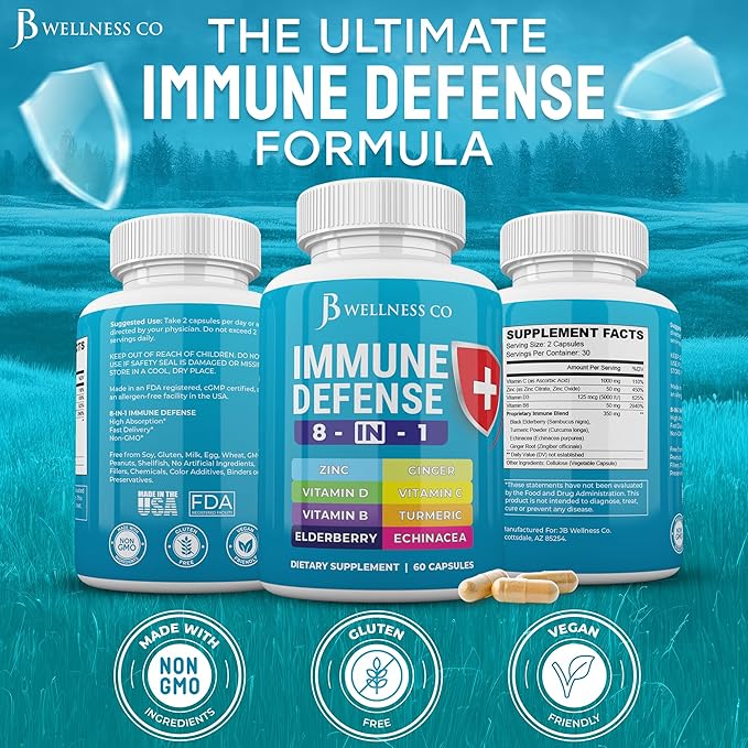 Immune Support 8 in 1 Capsules - Zinc Supplement Vitamin D3 Vitamin C and Elderberry - Immune Booster Supplement with Echinacea Ginger Root and Turmeric - [3-Pack 180 Count]