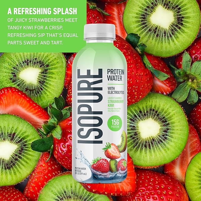 Isopure Clear Protein Water with Electrolytes 15g Whey Protein Isolate Zero Sugar Strawberry Kiwi 20 fl oz 12-Pack