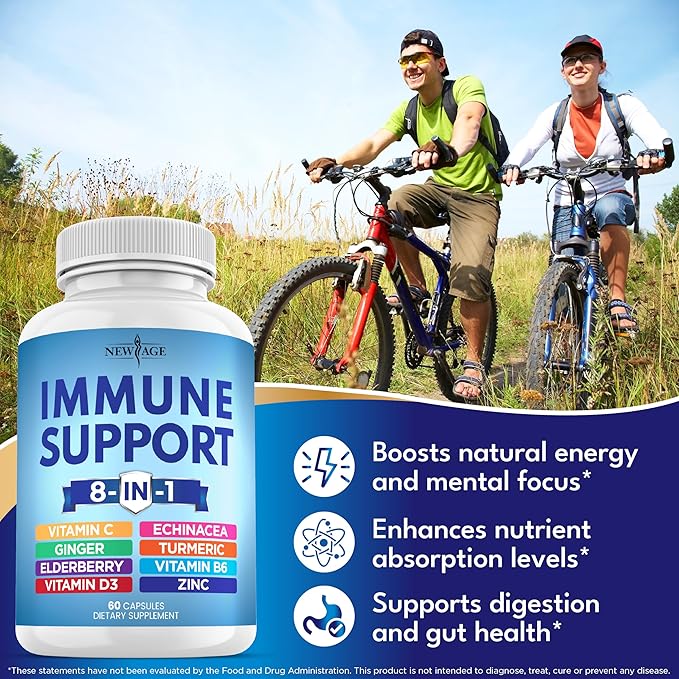 NEW AGE 8 in 1 Immune Support Booster Supplement with Echinacea Vitamin C and Zinc 50mg Vitamin D 5000 IU Turmeric Curcumin &amp Ginger B6 Elderberry 120 Count (Pack of 2)