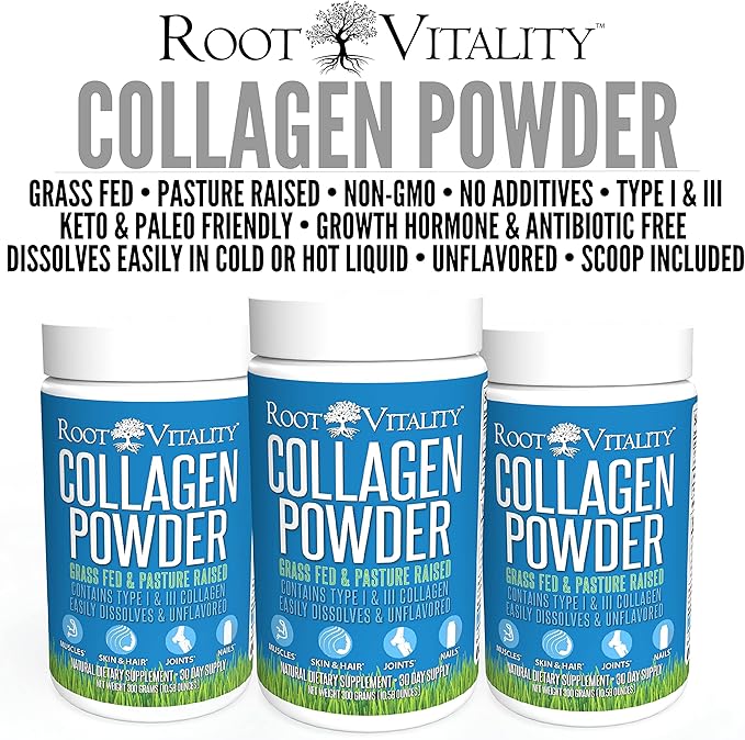 Root Vitality Collagen Peptides Powder - Grass-Fed Pasture-Raised Hydrolyzed Protein Supplement for Skin Hair &amp Nails - Non-GMO Zero Sugar Daily Supplement for Men &amp Women (30 Servings)