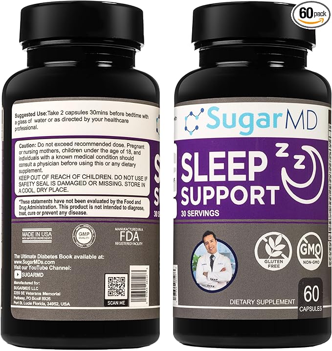 SugarMD Sleep Support Supplement – 60 Sleep Capsules with Lemon Balm Valerian Root Hops Extract Chamomile Extract &amp BioPerine – Non-GMO &amp Gluten Free – Sleep Supplememts for Adults (30-Day