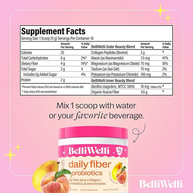 Daily Fiber Supplement Bundle with Collagen Probiotics Electrolytes &amp Hydration Support - Cucumber Lime Mint &amp Peach Mango Flavors - Promotes Digestive Skin Health Gut Balance - 32 Serving