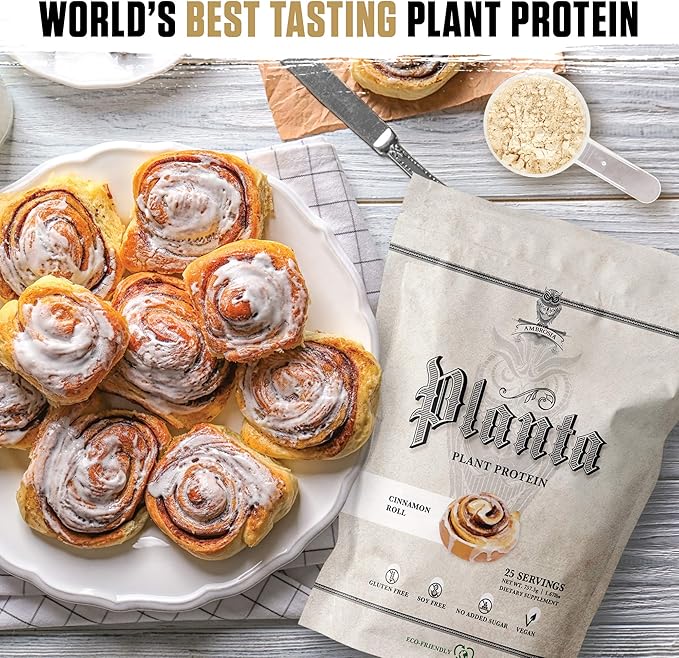Ambrosia Planta - Plant-Based Protein Powder 20g | Dairy Free Vegan Protein Powder with BCAA Amino Acids | Keto-Friendly No Added Sugar | 25 Servings | Cinnamon Roll