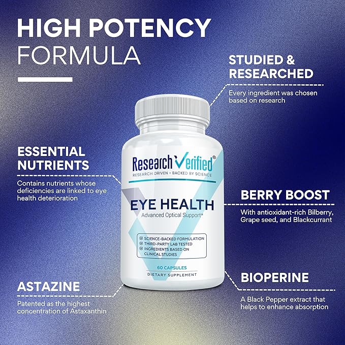 Research Verified Eye Health - Nourish and Protect Eyes and Vision Support Healthy Retina Improve Blood Supply to Eyes - Vitamins A B C and E - 60 Capsules - Made in the USA