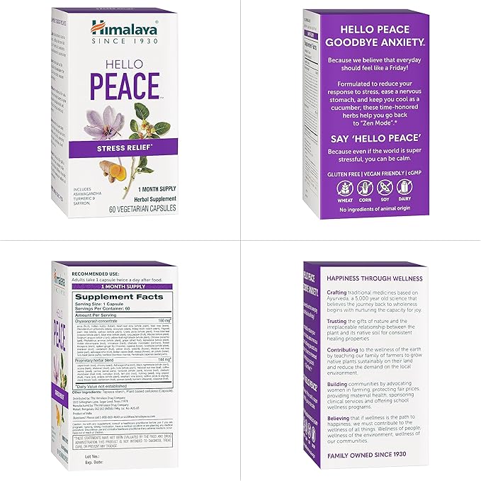 Himalaya Hello Peace - Herbal Stress Relief Supplement with Ashwagandha and Turmeric for Normal Cortisol and Adrenal Support - Vegan Non-GMO Gluten Free 60 Capsules