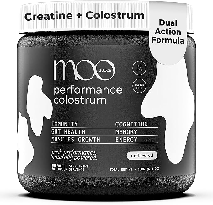 Moo Juice Colostrum Powder with Creatine Monohydrate | 2000mg Grass-Fed Bovine Colostrum + 5000mg Creatine | Bloat-Free Performance Combo | Unflavoured 6.3oz