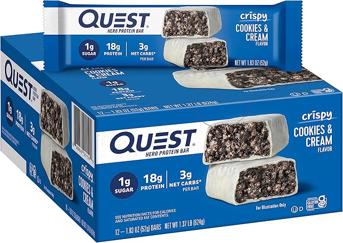 Quest Nutrition Crispy Cookies &amp Cream Hero Protein Bar 18g Protein 1g Sugar 3g Net Carb &amp Peppermint Bark Protein Bar 21g Protein 4g Net Carb 1g Sugar Gluten Free