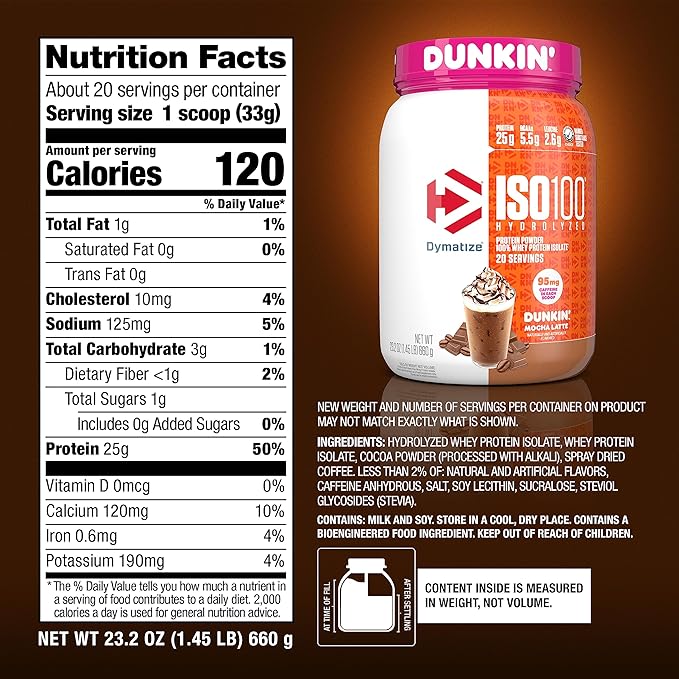 Dymatize x Dunkin' Mocha Latte ISO100 Whey Protein Powder 95mg Caffeine 25g of Protein 20 Servings 5.5g BCAAs 120 Cal. Gluten Free 1g Fat 1g Sugar 3g Carb