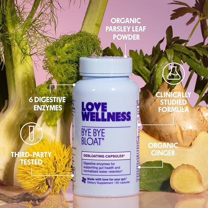 Love Wellness Bye Bye Bloat | Digestive Enzymes for Fast Acting Bloating Relief for Women | Helps Reduce Water Retention &amp Gas Relief | Supports Digestive Health with Fenugreek &amp Dandelion | 6