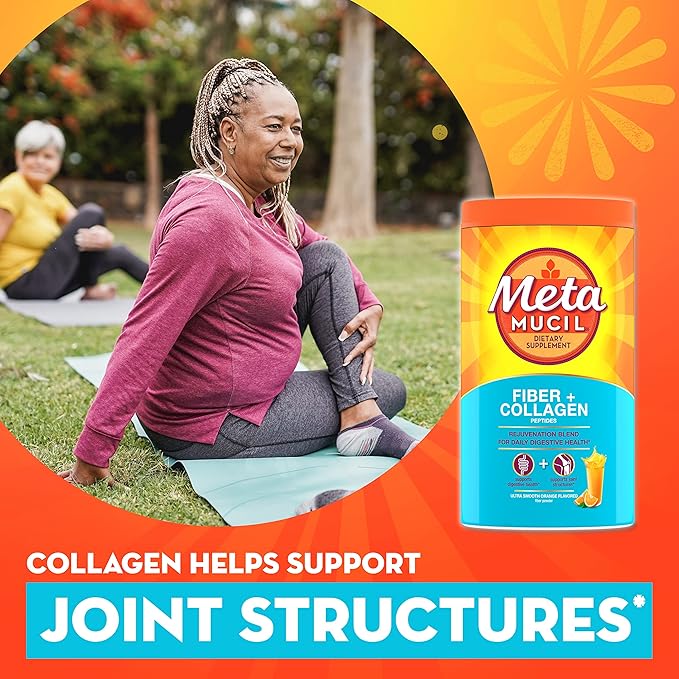Metamucil Daily Fiber + Collagen Psyllium Husk Powder Plant Based Fiber Supplement Sugar-Free with Stevia 3-in-1 Fiber Supplement for Digestive Health Orange Flavored 90 Doses