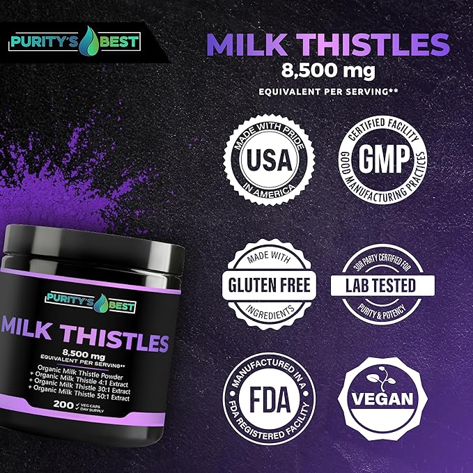Purity’s Best Milk Thistle Extract 200 Vegan Caps 8500 Strength Standardized and Concentrated 50x Extract Silymarin Flavonoids Supports Liver Function Non-GMO Made in USA
