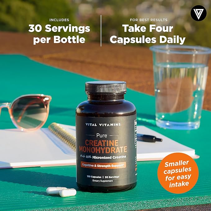 Vital Vitamins Creatine Monohydrate Pills for Women &amp Men - Micronized Creatine Capsules - Cognitive Strength Recovery Support - 3g (3000mg) per Serving - Vegan Non-GMO 120 Count