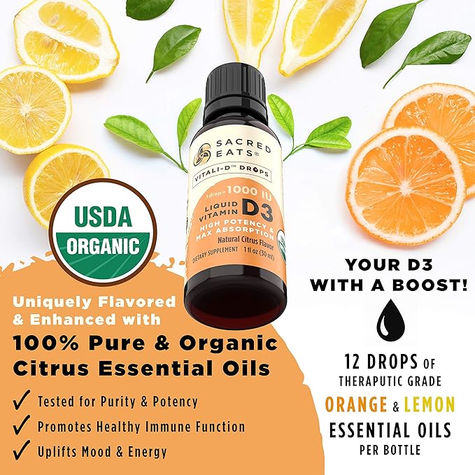 Organic Liquid Vitamin D Drops for Kids &amp Adults Sugar Free. Easy to Use 1000 IU/Drop in Coconut MCT Oil. Lasts Months Best for High Doses. Max Absorption VIT D3 Supplement. Great Taste (Citrus