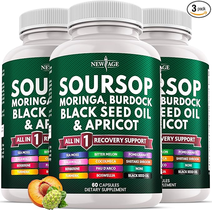Soursop Supplement - Moringa Sea Moss Black Seed Oil Berberine Turmeric Apricot Quercetin Greens Bitters Boswellia Bitter Melon Burdock Root - 180 Capsules
