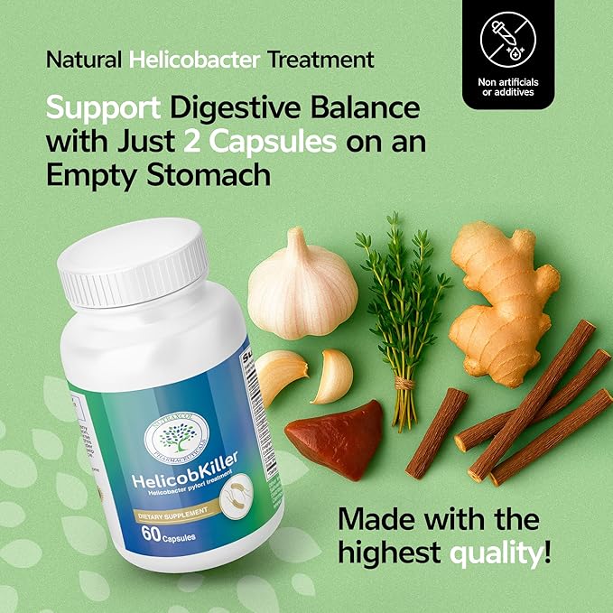 HELICOBKILLER - Natural Digestive Support Supplement with 60 Capsules | Fights Helicobacter Pylori Supports Digestive System &amp Gut Microbiota
