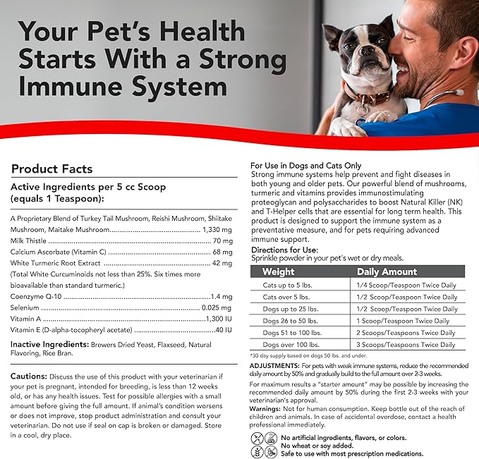 Critical Immune Defense for Dogs &amp Cats Supports Normal Cell Growth - Turkey Tail Reishi Shiitake and Maitake Mushroom Formula with Patented White Turmeric Root Extract - 30-Day Supply