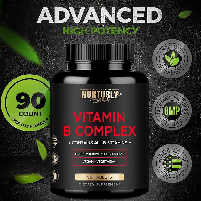 Vitamin B Complex - Contains All Essential B Vitamins - B1 B2 B3 B5 B6 B7 B9 B12 and Biotin - Super B Complex Vitamins for Energy Immunity and Mood Support - 90 Tablets