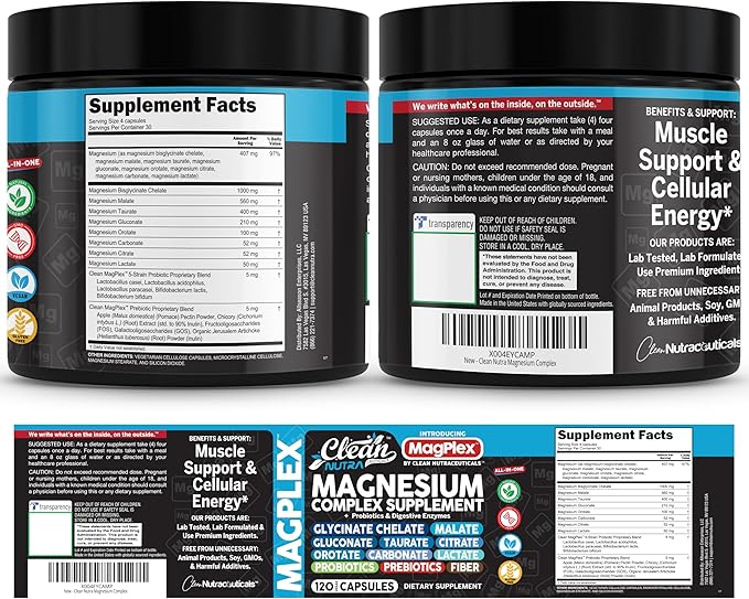 8in1 Magnesium Supplement Complex | Magnesium Glycinate Citrate Malate Gluconate Orotate Carbonate Lactate + Prebiotics Probiotics Digestive Enzymes Magnesio Capsules for Women Men By Clean Nutra