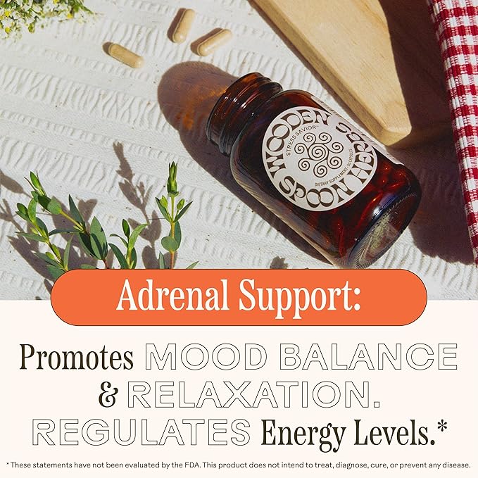 Wooden Spoon Herbs Stress Savior | Stress Relief Supplement | 7 Herb Complex with Ashwagandha Cordyceps &amp Ginseng | Relaxation Mood Support &amp Energy Boost | Gluten-Free Non-GMO Vegan | (
