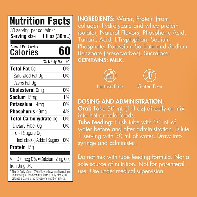 Liquid Collagen Peptides Type I III 15 Grams Protein per Oz. |Prosource NoCarb Neutral Bottle Medtrition