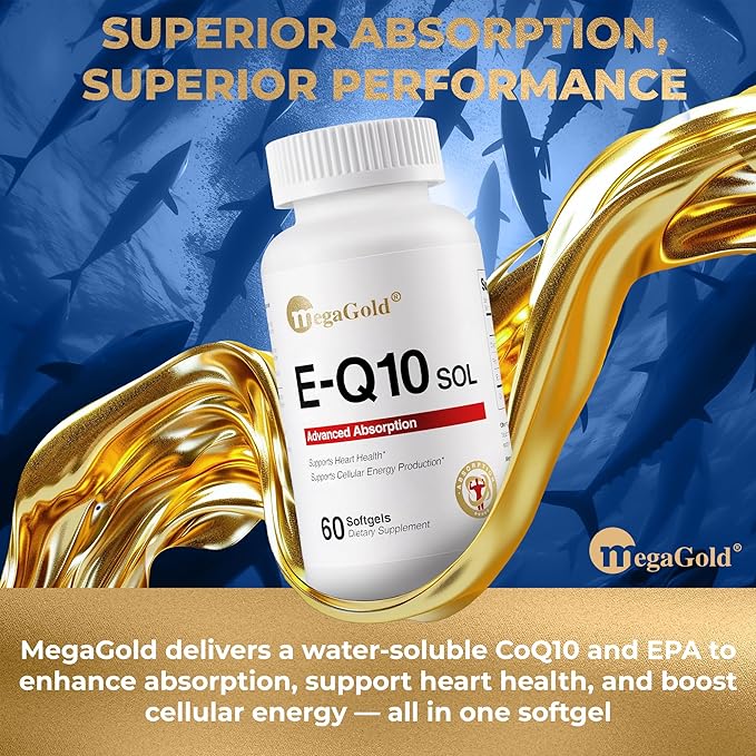 E-Q10 Sol Advanced Absorption Fish Oil - Fish Oil with Coq10 100mg EPA Antioxidant for Cardiovascular Health &amp Energy* Coenzyme Q 10 Supplement for Men and Women - 60 Count Softgels