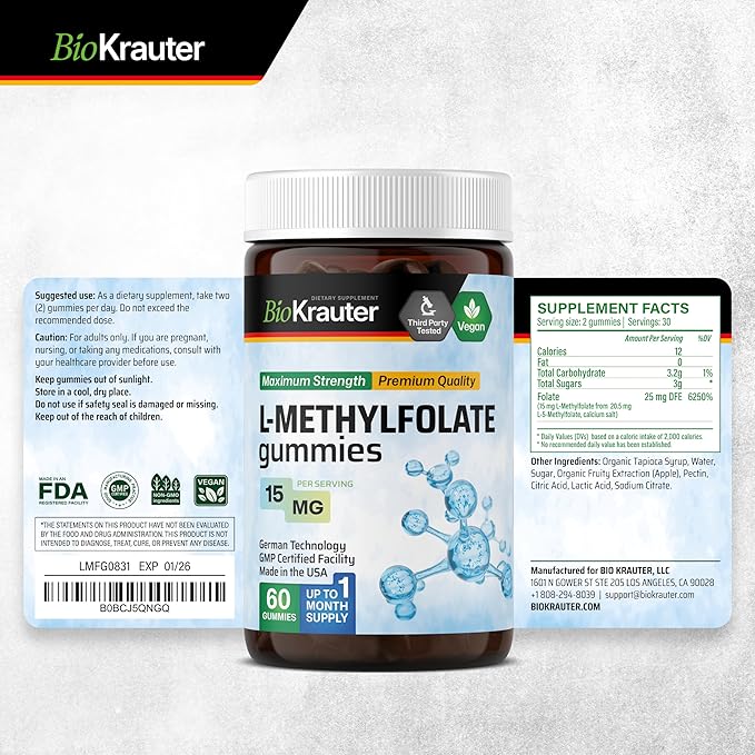 BIO KRAUTER® L Methylfolate Gummies for Folic Support - Folic Acid Gummies (Vitamin B9) MTHF Supplement for Mood Support - Folate Supplement 15 mg L-Methylfolate per Serving 60 Vegan Gummies