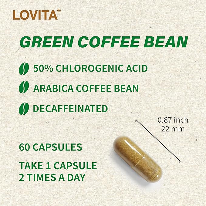 LOVITA Green Coffee Bean Extract Standardized to 50% Chlorogenic Acids 4:1 Concentrated for Metabolism Natural Antioxidant &amp Size-Reduction Support Plant-Based 180 Vegan Capsules