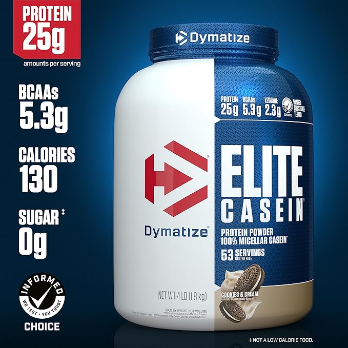 Dymatize Elite Casein Protein Powder Cookies &amp Cream 100% Micellar Casein 25g Protein 5.4g BCAAs 2.3g Leucine Slow Absorbing for Overnight Muscle Recovery 4 lb (53 Servings)