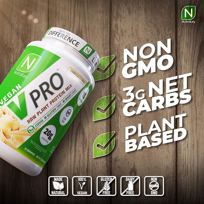 NutraKey V-Pro Raw Plant Protein Powder Organic Vegan Low Carb Gluten Free with with 20g of Protein (Vanilla Cookie) 1.78-Pound.