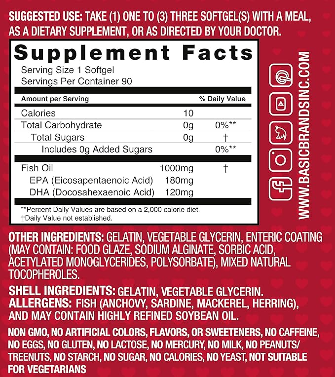 Basic Brands Smart Heart Odorless Omega-3 Fish Oil 1000mg - Triple Strength EPA &amp DHA Non-GMO Heart &amp Cognitive Support - 90 Burpless Softgels - 2-Pack