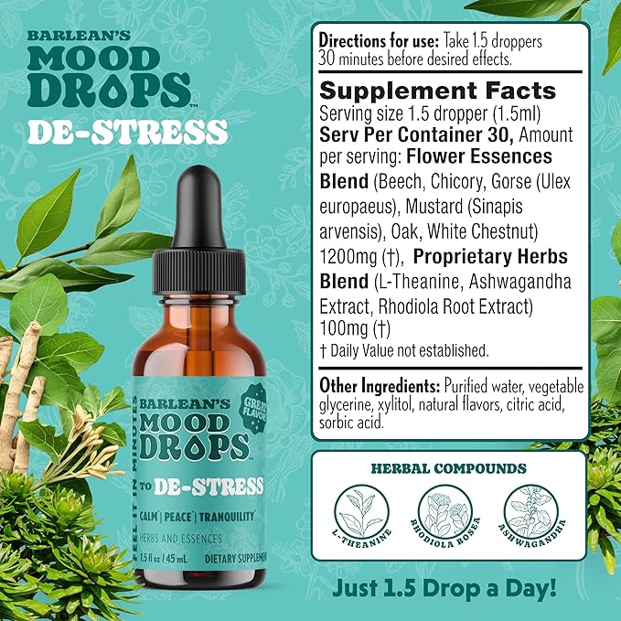 Barlean's Mood Booster Supplement De-Stress Liquid Drop Supplements for Men and Women Ashwagandha and L Theanine Extract Adaptogen Herbs Drops 1.5 oz