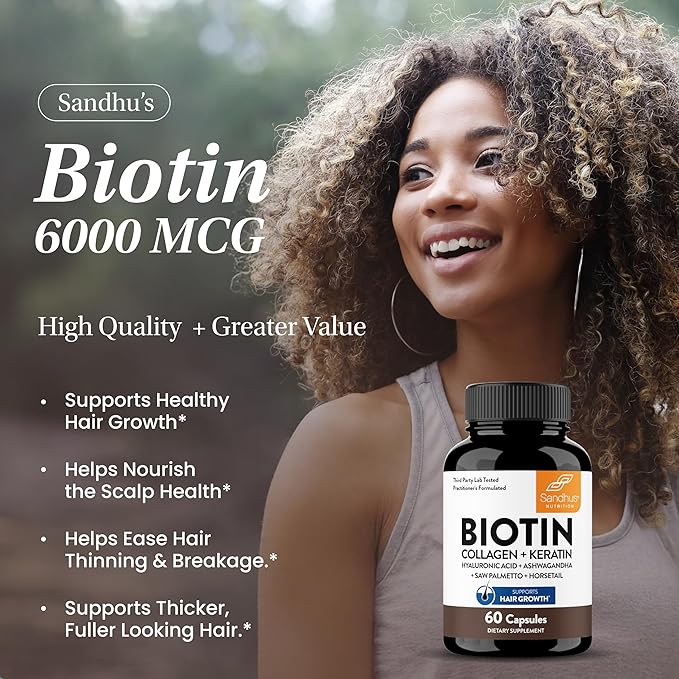 Sandhu's Biotin Collagen &amp Keratin Complex | Supports Normal Hair Growth Cycle | Vitamins for Skin &amp Nails | Hair Supplements for Women &amp Men | Made in USA | 60 Capsule Pills | with Hyalu
