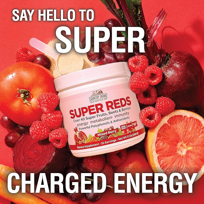 COUNTRY FARMS Super Reds Energizing Polyphenol Superfood Over 40 Super Fruits and Berries Powerful Antioxidants and Polyphenols Supports Energy Supports Circulation 40 Servings Mixed Berry