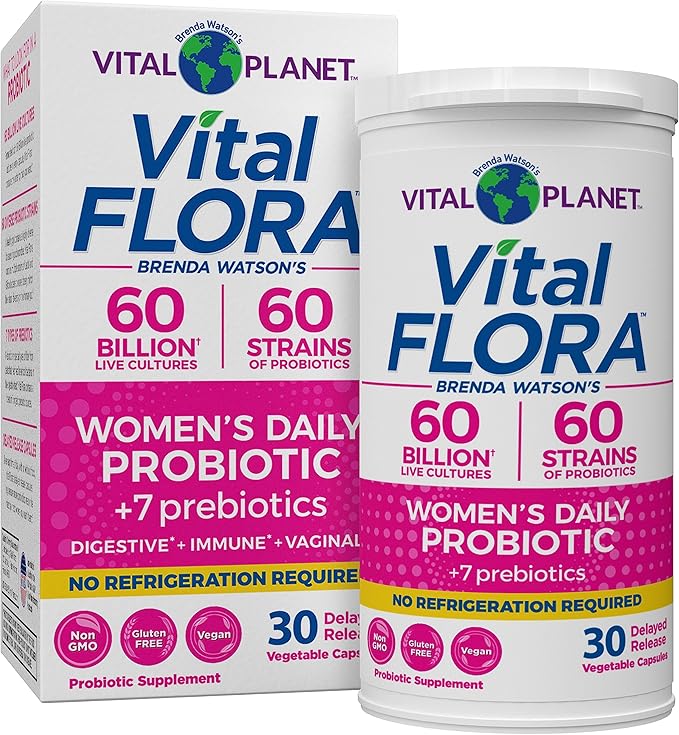 Vital Planet - Vital Flora Probiotics for Women 60 Billion CFU Diverse Strains Daily Shelf Stable Probiotic with Organic Prebiotics for Vaginal Support Immune and Digestive Health 30 Capsules