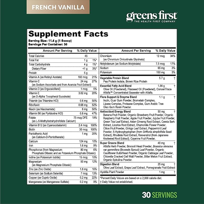 Greens First Boost - Plant-Based Protein &amp Balanced Nutrition - Superfood Shake Mix - No Wheat or Soy - Dairy-Free - Vegan - French Vanilla 12.06 oz. (Pack of 2)