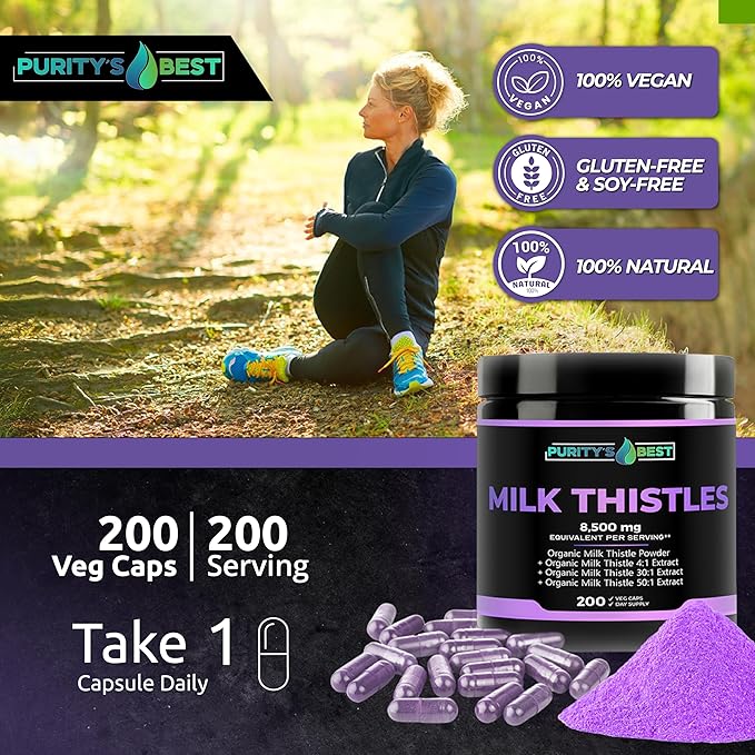 Purity’s Best Milk Thistle Extract 200 Vegan Caps 8500 Strength Standardized and Concentrated 50x Extract Silymarin Flavonoids Supports Liver Function Non-GMO Made in USA