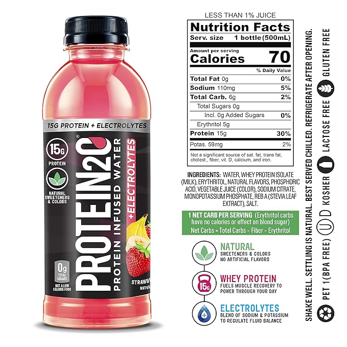 Protein2o + Electrolytes Low Calorie Protein Infused Water 15g Whey Protein Isolate Strawberry Banana 16.91 fl oz (pack of 12)