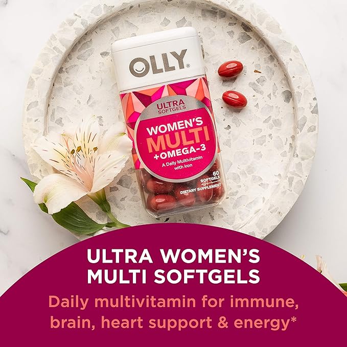 OLLY Ultra Strength Brain Softgels Nootropic Supports Healthy Brain Function Memory Focus &amp Ultra Women's Multi Softgels Overall Health and Immune Support Omega-3s Iron Vitamins A D