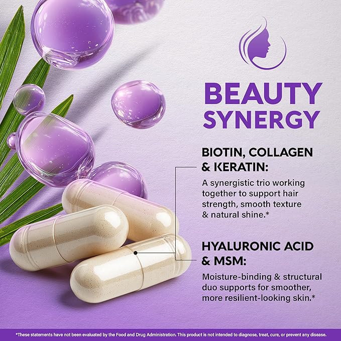 Biotin | Collagen | Hyaluronic Acid | Keratin - Clinically Tested Supplement - Hair Growth Support Skin &amp Nails - 25000 mcg Vitamins B2 B3 B6 &amp B7 + B1 - Made in USA - Women &amp Men | 120