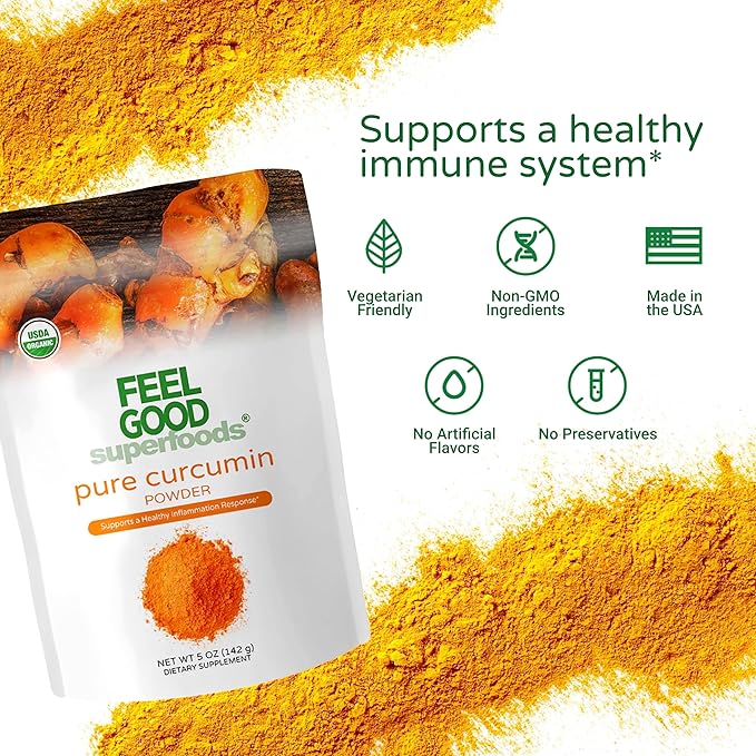 FEEL GOOD Superfoods Pure Curcumin Powder Organic Non-GMO Vegan from Bulk Ground Turmeric Root from India Curcuma Longa Joint Supplement 5 oz