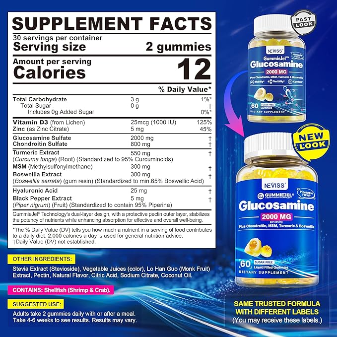 Sugar Free Glucosamine Chondroitin MSM Gummies - Max Strength Mobility Supplement for Women &amp Men w/ Glucosamine Sulfate 2000mg Boswellia Curcumin &amp Hyaluronic Acid - Flexibility Support - 6