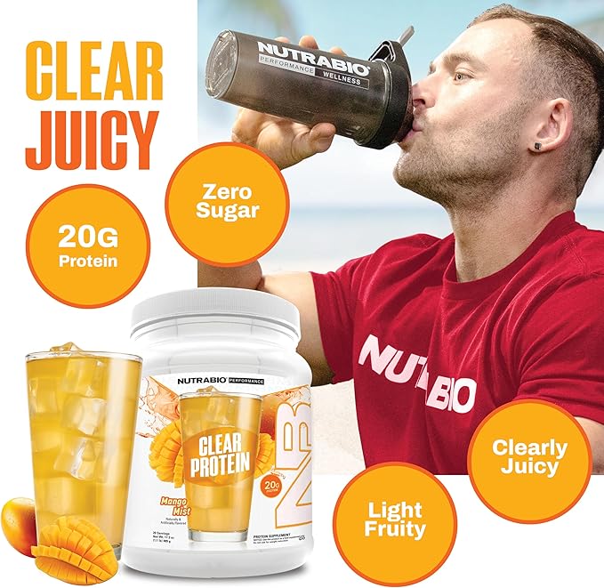 NutraBio Clear Protein Powder Mango Mist - 20 Servings 20g Clear Whey Protein Isolate 0 Sugar 0g Lactose Refreshing Fruit Flavors GLP1 Support - Bone Health - Muscle Post Workout Recovery