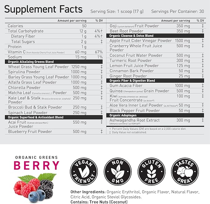 Kaged Organic Greens Superfood Powder Outlive100 Berry Supergreens Apple Cider Vinegar Ashwagandha 30 Servings