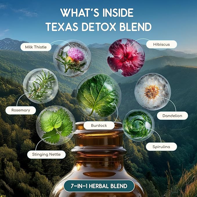 HerbEra Texas Herbal Detox Blend - USDA Organic Extract Made in USA | Immune &amp Liver Support Liquid Drops | Burdock Dandelion Root Milk Thistle Hibiscus Rosemary Spirulina | 2 fl oz