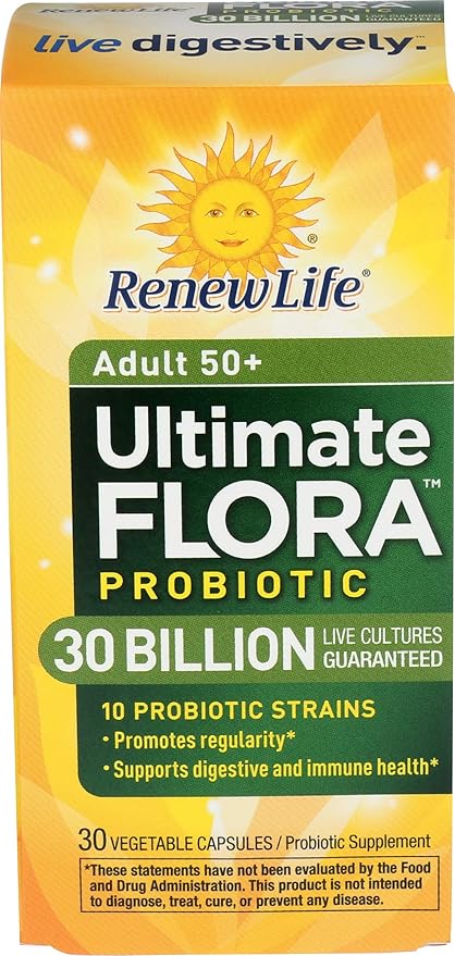 Renew Life Probiotic Adult 50 Plus Probiotic Capsules Daily Supplement Supports Urinary Digestive and Immune Health L. Rhamnosus GG Dairy Soy and gluten-free 30 Billion CFU 30 Count