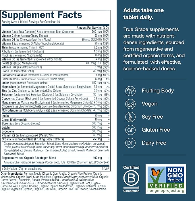 True Grace Men's 40+ One Daily Multivitamin Fermented Minerals Organic Adaptogens &amp Mushrooms Whole Body Balance Immune Endurance Bone &amp Heart Support Supplement - Non-GMO - 90 Vegan Tablet
