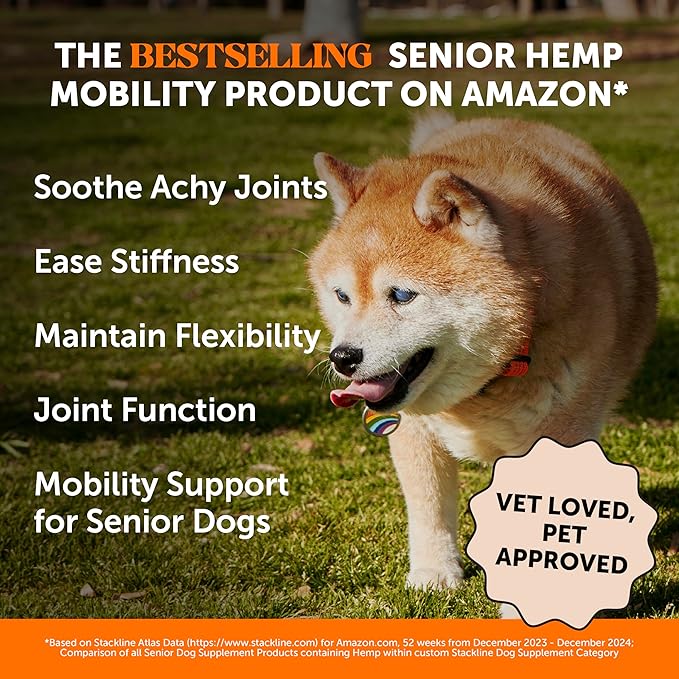 Senior Hemp Hip and Joint Supplement for Dogs - Glucosamine Chondroitin MSM &amp Green Lipped Mussel - Relief for Joint Stiffness Advanced Strength Mobility Support Senior Dogs (Peanut Butter 90 C